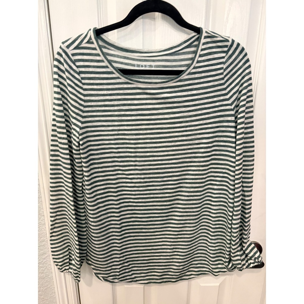 LOFT Top Green White Striped Modal Long Sleeve Scoop Neck Casual Shirt
